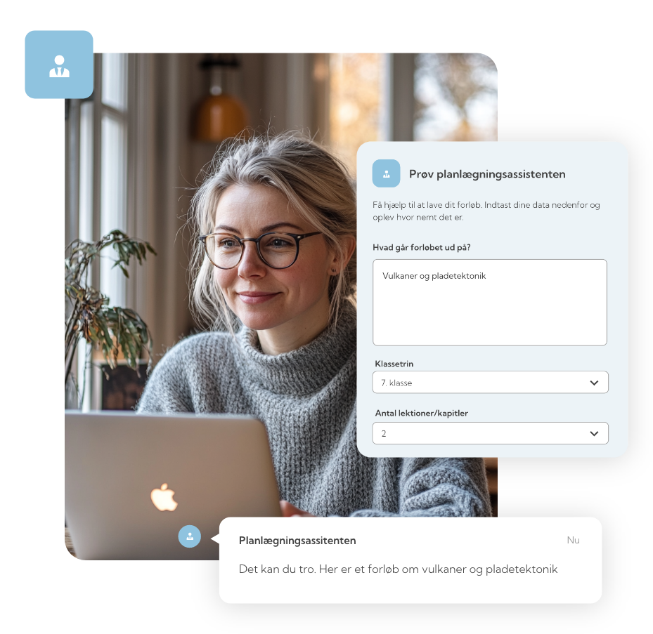 Kvindelig person med briller bruger en laptop på et hjemmekontor, med en plante og et vindue i baggrunden, og en brugergrænseflade til planlægningsassistent overlejret på billedet.