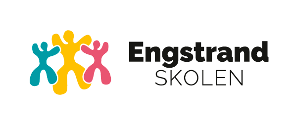 Logo for Engstrand Skolen med tre legende børn i blå, gul og pink farver.