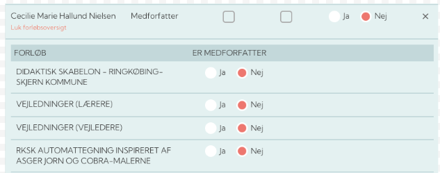 Billede af en formular på dansk til vurdering af forfatterkriterier, med nogle afkrydsningsfelter markeret med Nej.