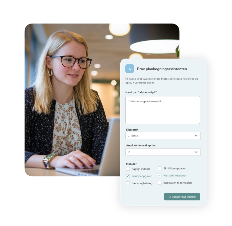 Kvinde med blond hår og briller arbejder på en bærbar computer i et lyse lokale, med en digital formular omplanlægning åben på skærmen.
