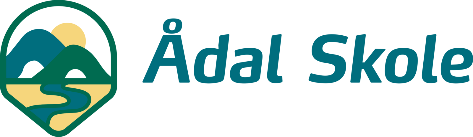Logo for Ådal Skole med bjerge, flod og sol.