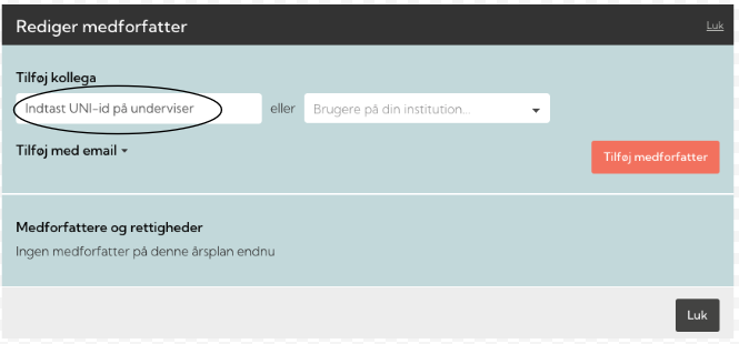 Skærmbillede af en brugervenlig interface til tilføjelse af medforfattere, med en tekstboks til indtastning af UNI-id og en knap til at tilføje medforfattere.