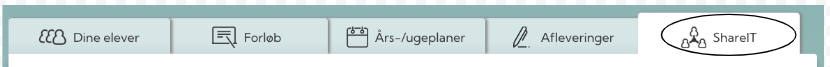 Skærmbillede af en online platform med navigationsknapper, herunder 'Dine elever', 'Forløb', 'Ars-/ugeplaner', 'Afleveringer' og 'ShareIT'.