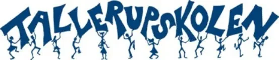 Logo med teksten 'Tallerup Skolen' og tegneserieværker af små, dansende figurer.