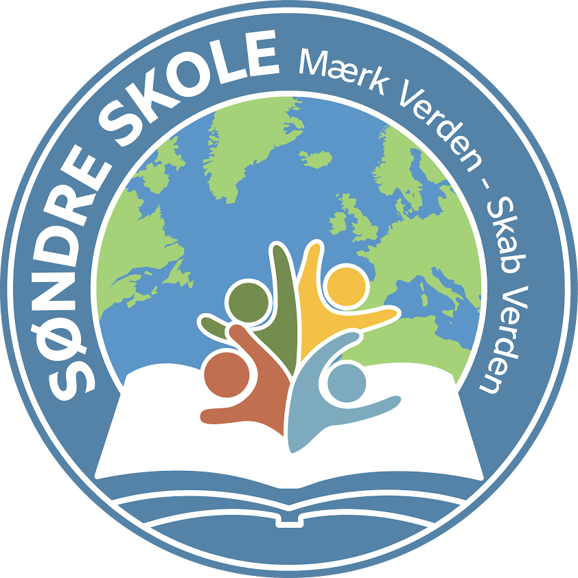 Logo med jordklode, fire farvede figurer, en åbnet bog og teksten 'Søndre Skole' og 'Mærk Verden - Skab Verden'