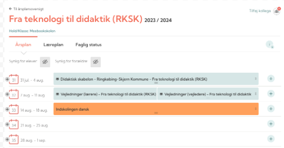 Skærmbillede af en digital studieplan for faget 'Fra teknologi til didaktik (RKSK)' for skoleåret 2023/2024. Planen inkluderer forskellige lektioner og temaer, herunder 'Didaktisk spørgsmål – Pingerbæk-Sjerring Kommune' og 'Indskolingen dansk'.