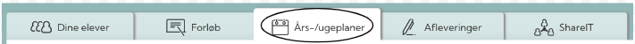 Skærmbillede af en navigationsmenu med muligheder for 'Dine elever', 'Forløb', 'Års-/ugeplaner', 'Afleveringer' og 'ShareIT'.