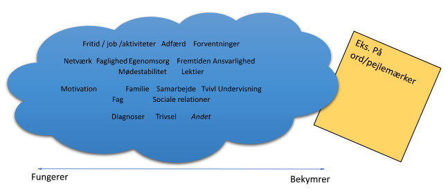 En sky med forskellige ord og udtryk, der relaterer til livssituationer, følelser og aspekter af et menneskes liv, såsom fritid, job, adfærd, forventninger, netværk og trivsel, samt en note om brug af ord/pejlermærker.