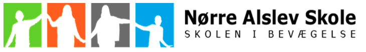 Logo for Nørre Alslev Skole med fire ikoner af børn, der leger og lærer, med skolens navn og tagline 'Skolen i Bevægelse'.