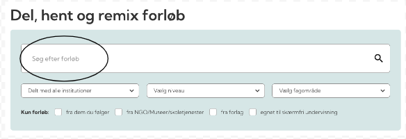 Søgefelt til forløb med muligheder for at filtrere efter institution, niveau og fagområde, samt checkbokse for forskellige typer af forløb