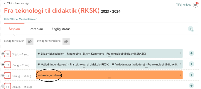 Skærmbillede af en læringsplan med kursusnavn 'Fra teknologi til didaktik (RKSK)', der inkluderer noter om indskoling på dansk, samt kursusdetaljer og datoer.