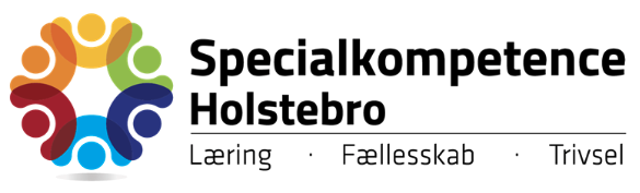Logo for Specialkompetence Holstebro med farverige menneskefigurer i en cirkel, og teksten 'Specialkompetence Holstebro' samt ordet 'Læring', 'Fællesskab' og 'Trivsel'