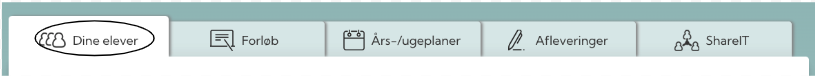 Skærmbillede af en avatar-menu med kategorier til elever, forløb, års/ugeplaner, afleveringer og ShareIT.