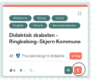 En digital undersøgelse eller præsentation om didaktisk skabelon for Ringkøbing-Skjern Kommune med emner som billedkunst, biologi, dansk, engelsk, historie og børnehaveklasser. Der er ikoner for deling, beskrivelse, download og kommentar.