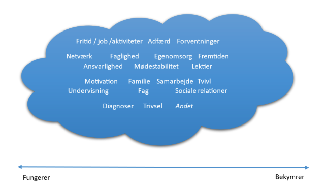 En skyer med danske ord relateret til fritid, job, aktiviteter, adfærd, forventninger, netværk, faglighed, egenomsorg, fremtiden, ansvarlighed, mødested, lektioner, motivation, familie, samarbejde, trivsel, undervisning, fag, sociale relationer, diagnoser, andet.