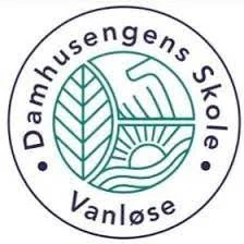 Logo med teksten 'Damhusengens Skole Vanløse' og et grafisk billede af et landbrugslandskab med en hæk og en stall.