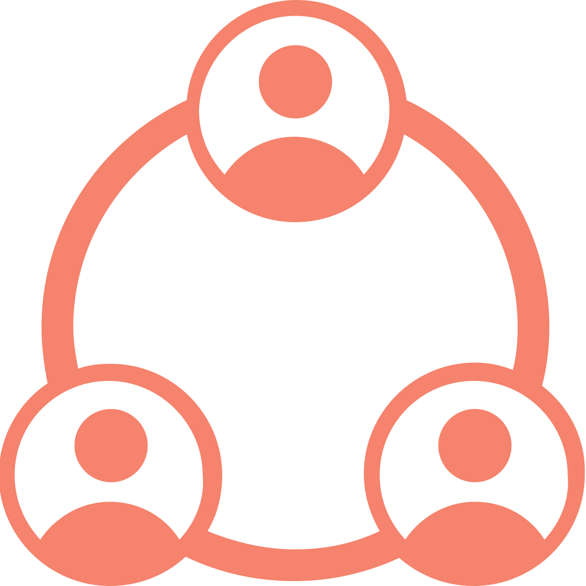 En illustration af tre personer forbundet i en cirkel, symboliserer fællesskab eller teamwork.