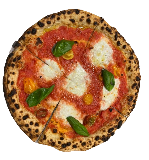 pizza margherita avec Sauce tomate pelati et Mozzarella di buffala AOP et Huile d'olive extra vierge et Basilic frais