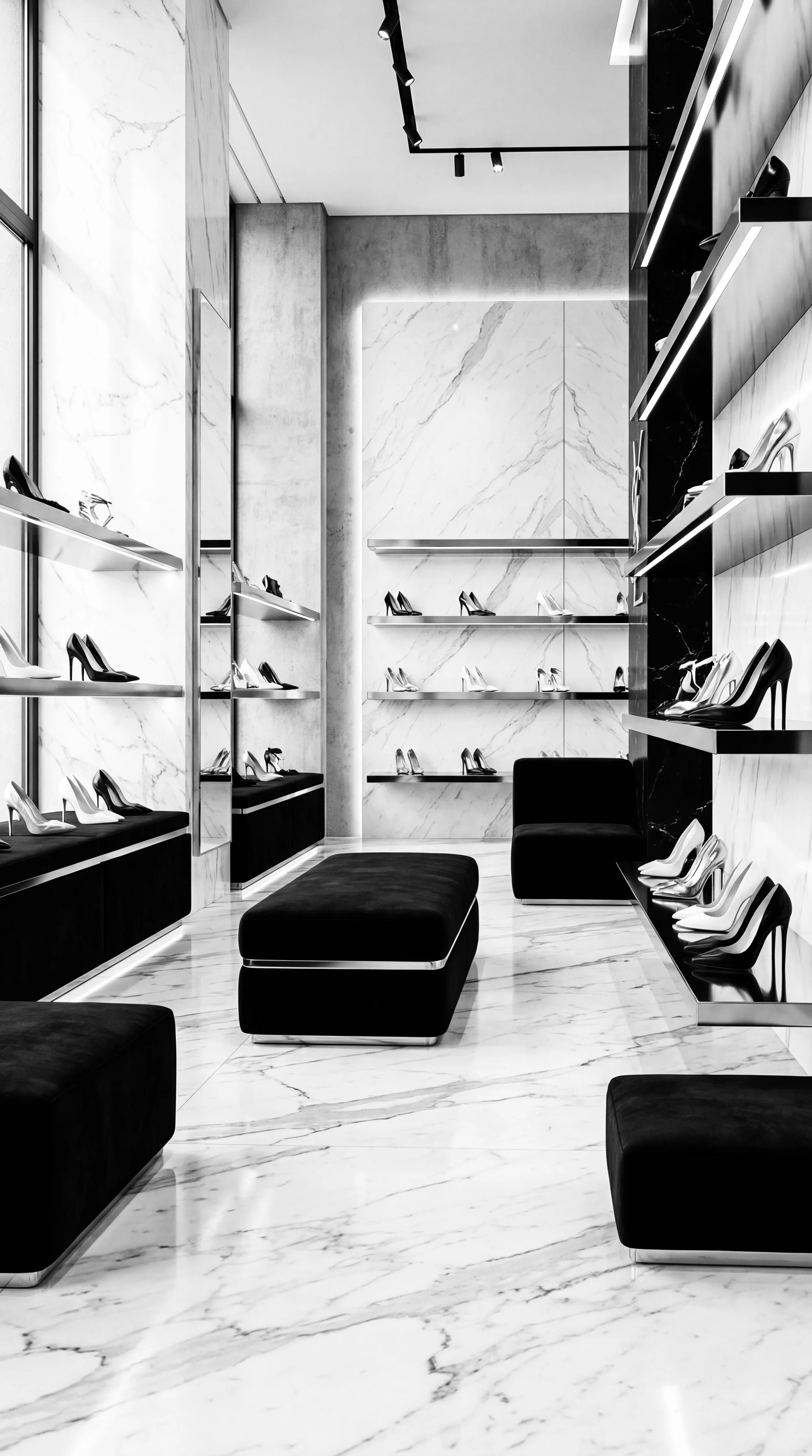 Interior of an exclusive designer shoe boutique, the setting and inspiration for Emilija Pavlovikj’s 2024 fashion-focused storytelling.