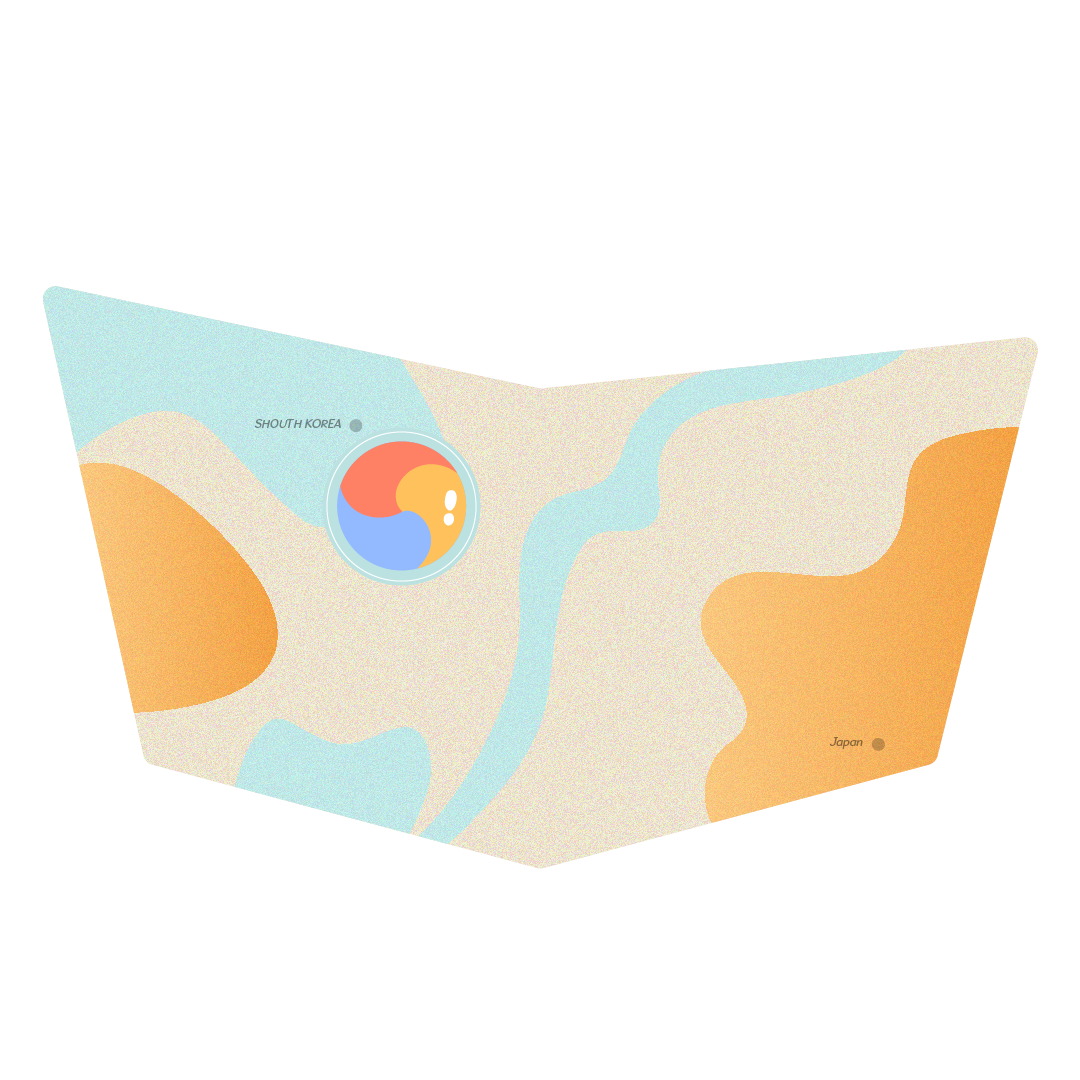 Carte illustrée montrant la frontière entre la Corée du Sud et le Japon, avec une rivière au centre, quelques zones boisées en orange et le drapeau de Google dedans.