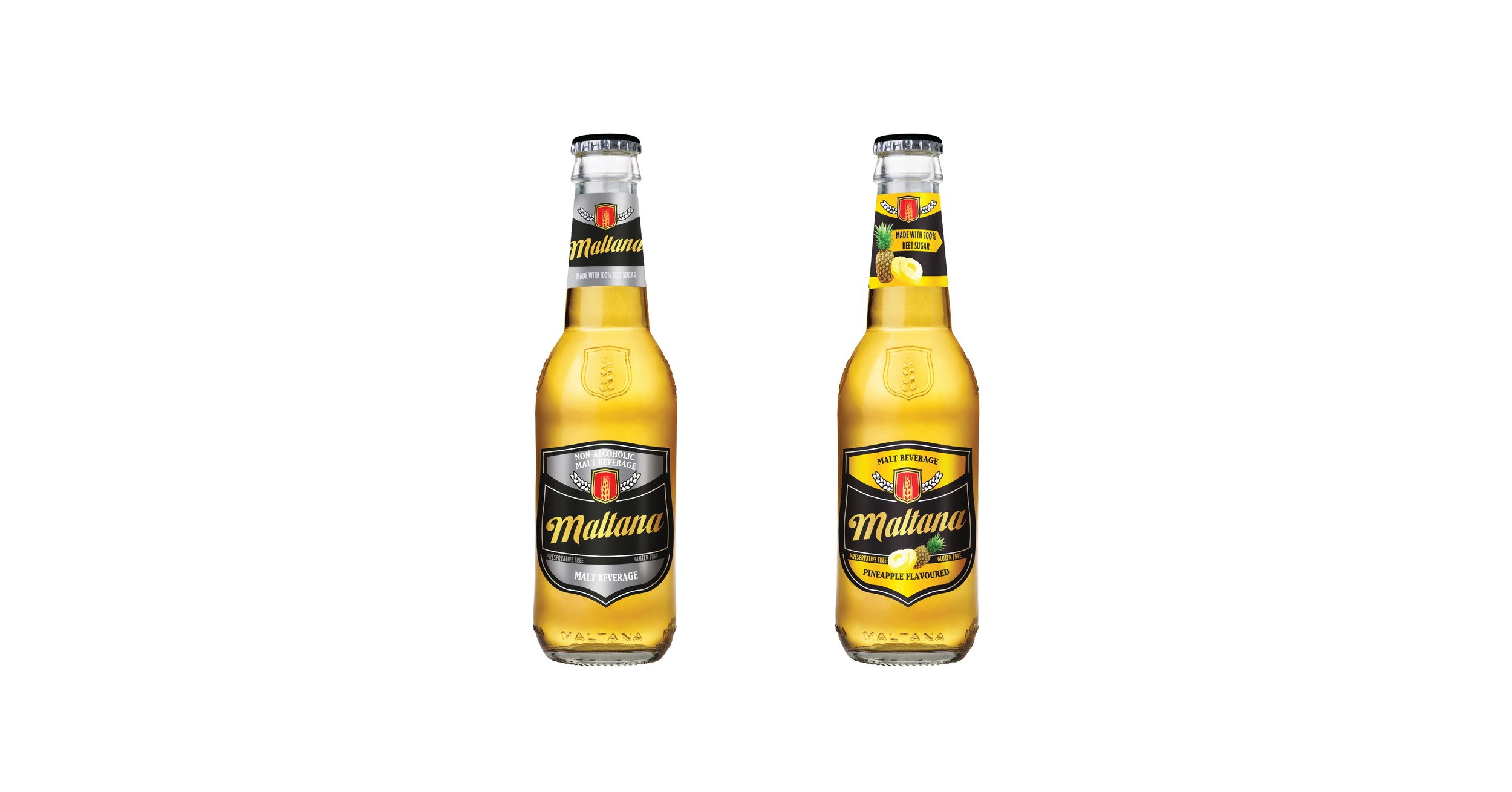 Two bottles of Maltana malt beverage, original and pineapple flavours.