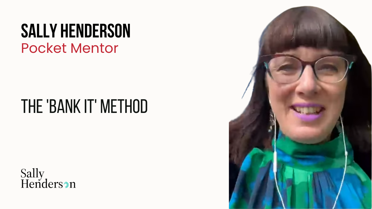 Holding card for The 'Bank It' Method video on YouTube featuring Sally Henderson’s logo and a dark teal circular graphic.