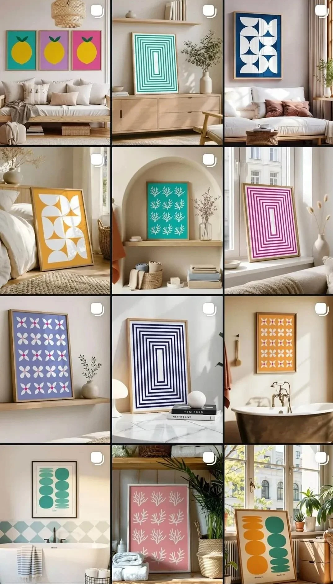 A collage of 12 interior home decor images, each featuring modern framed prints with geometric and abstract patterns in various colours, displayed on walls or placed on shelves and furniture.