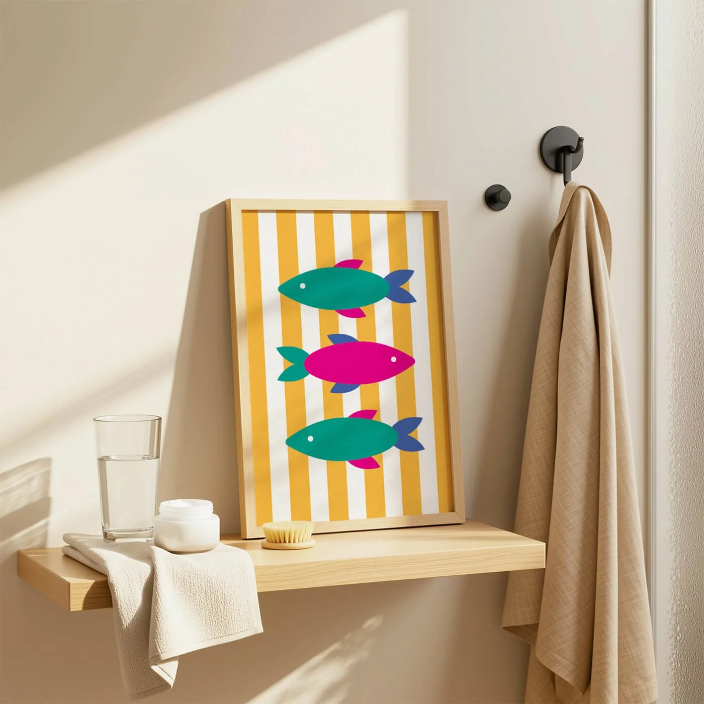 Colourful fish wall art print with pink and teal fish on yellow striped background displayed in a modern bathroom.