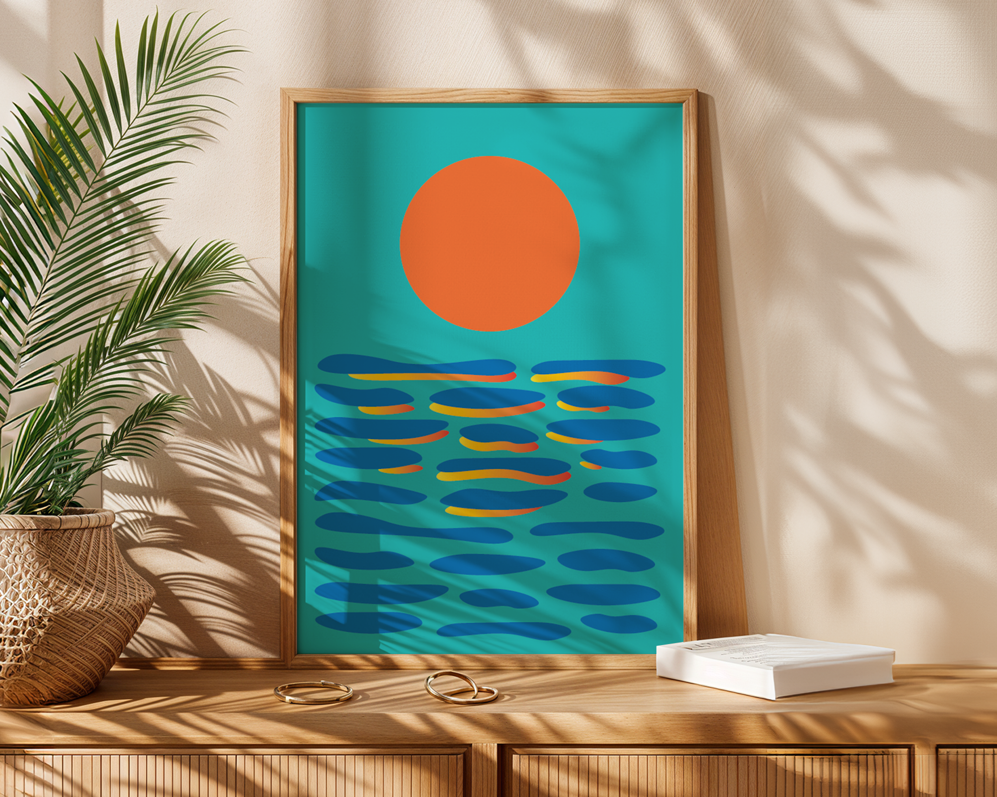 abstract sunset with orange sun shadows on rippled water