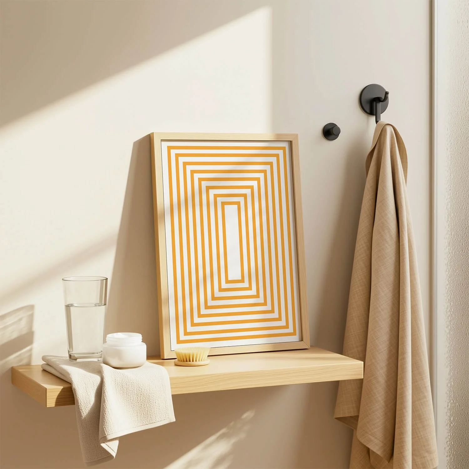 Abstract yellow squares framed bathroom wall art on shelf