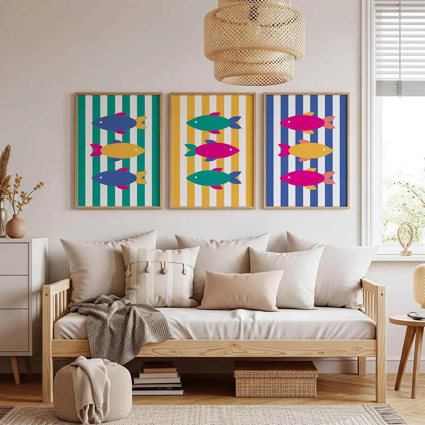 Three colourful framed art pieces of fish with striped backgrounds hanging above a beige sofa in a bright living room.