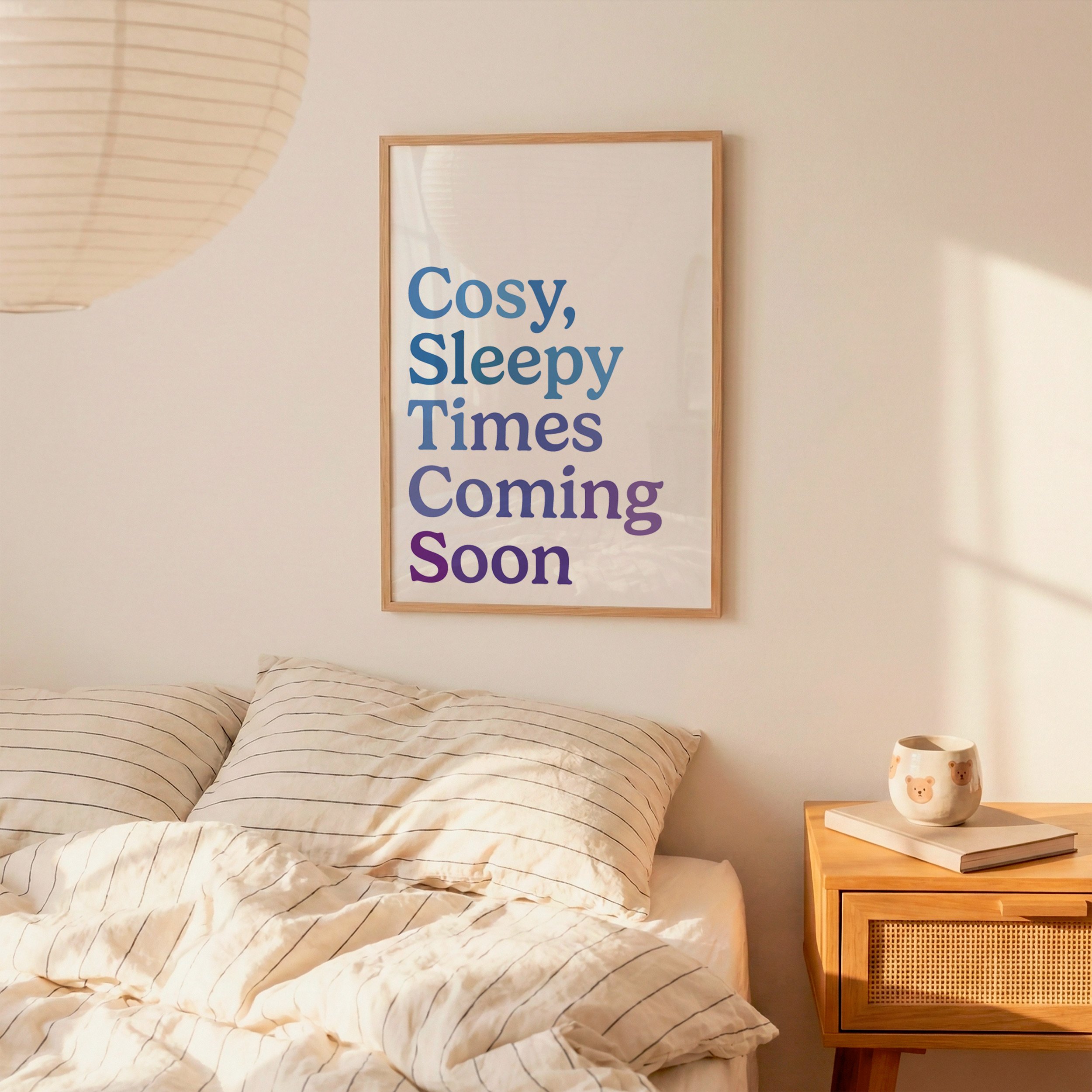 Framed Cosy Sleepy Times Coming Soon typography print in soft blue and purple tones, calming bedroom wall decor