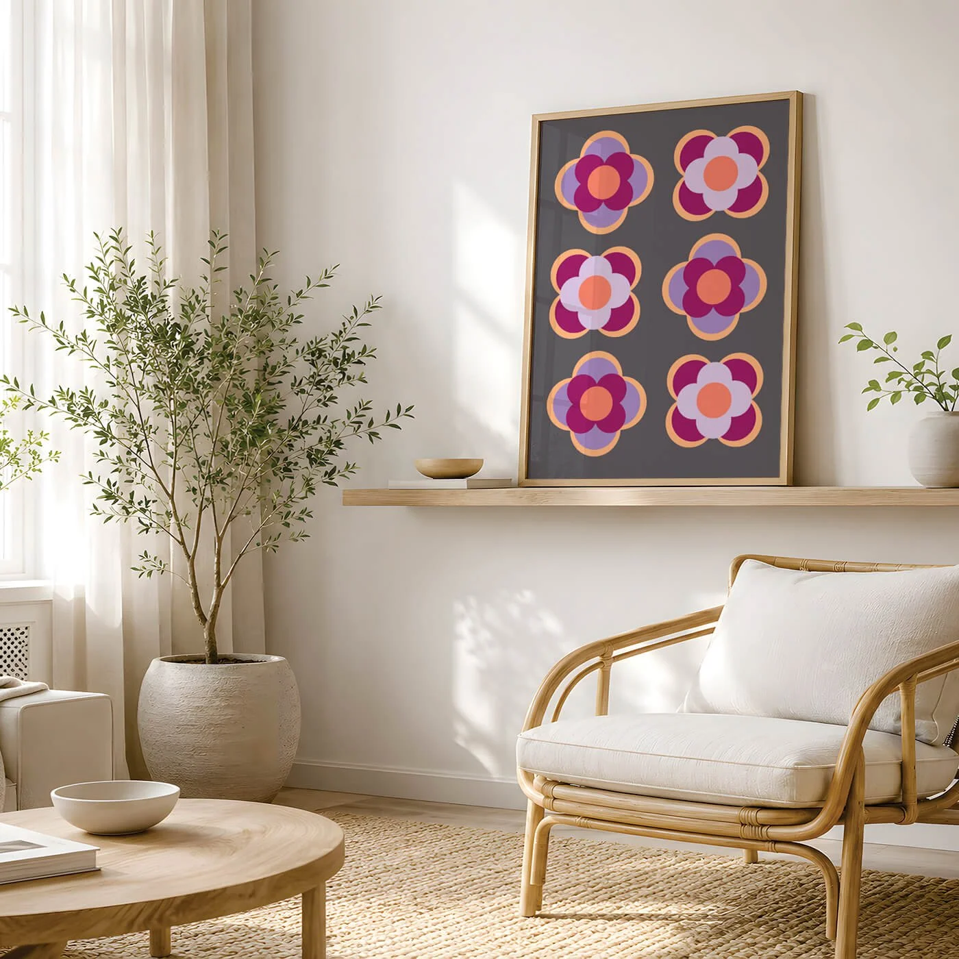 Contemporary purple and orange geometric floral art print on a floating shelf, styled for high-end residential interior design inspiration