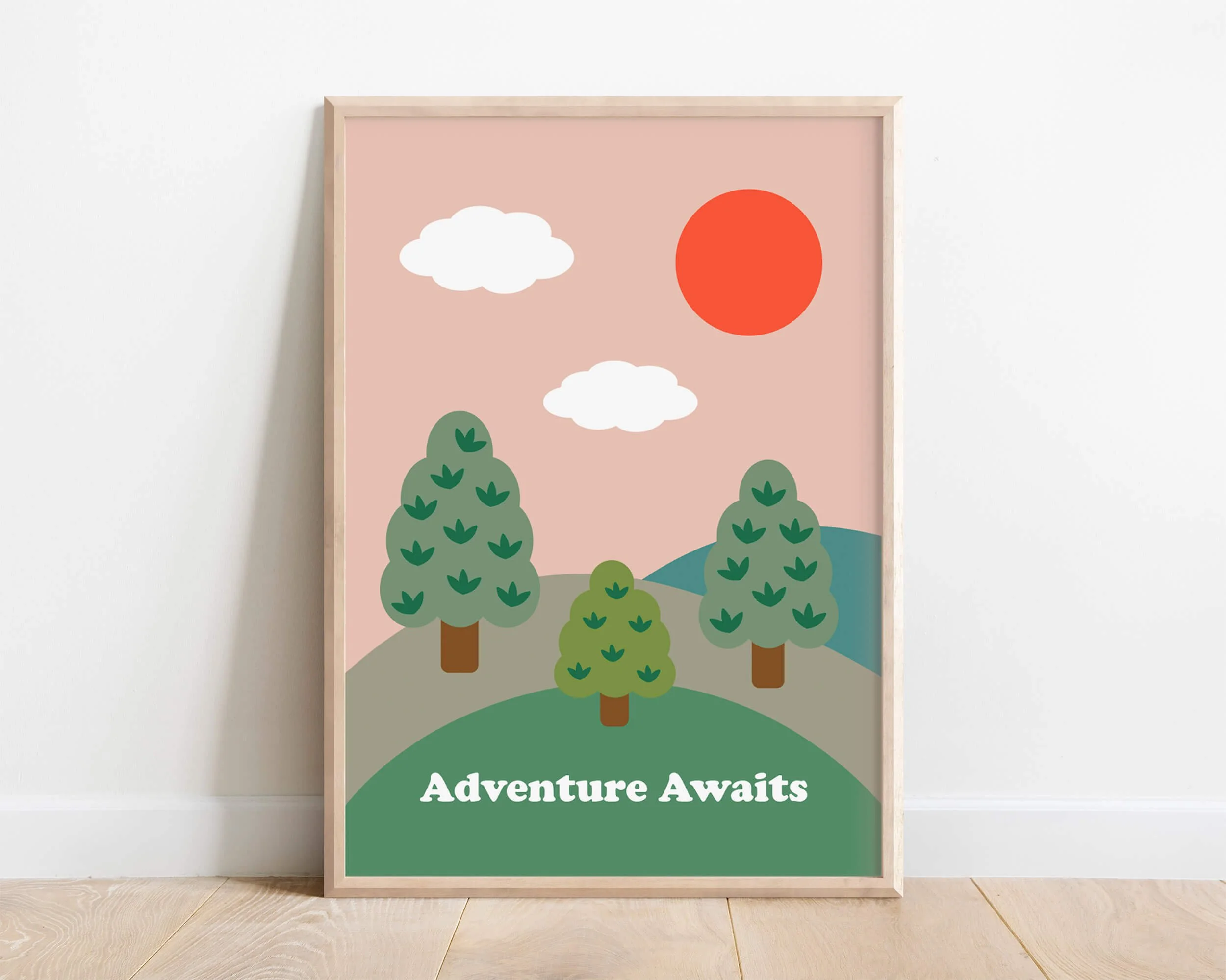 Adventure-themed framed wall art print for boys room, featuring rolling hills, trees, and a large yellow sun. unique print for colourful nursery décor