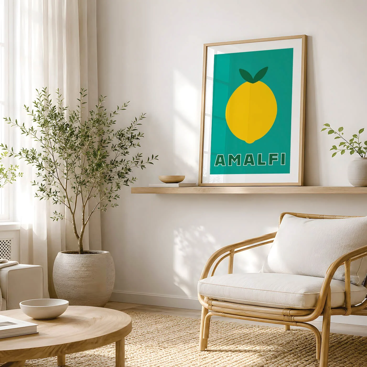 framed amalfi lemon print displayed above chair on wall in scandi style living room