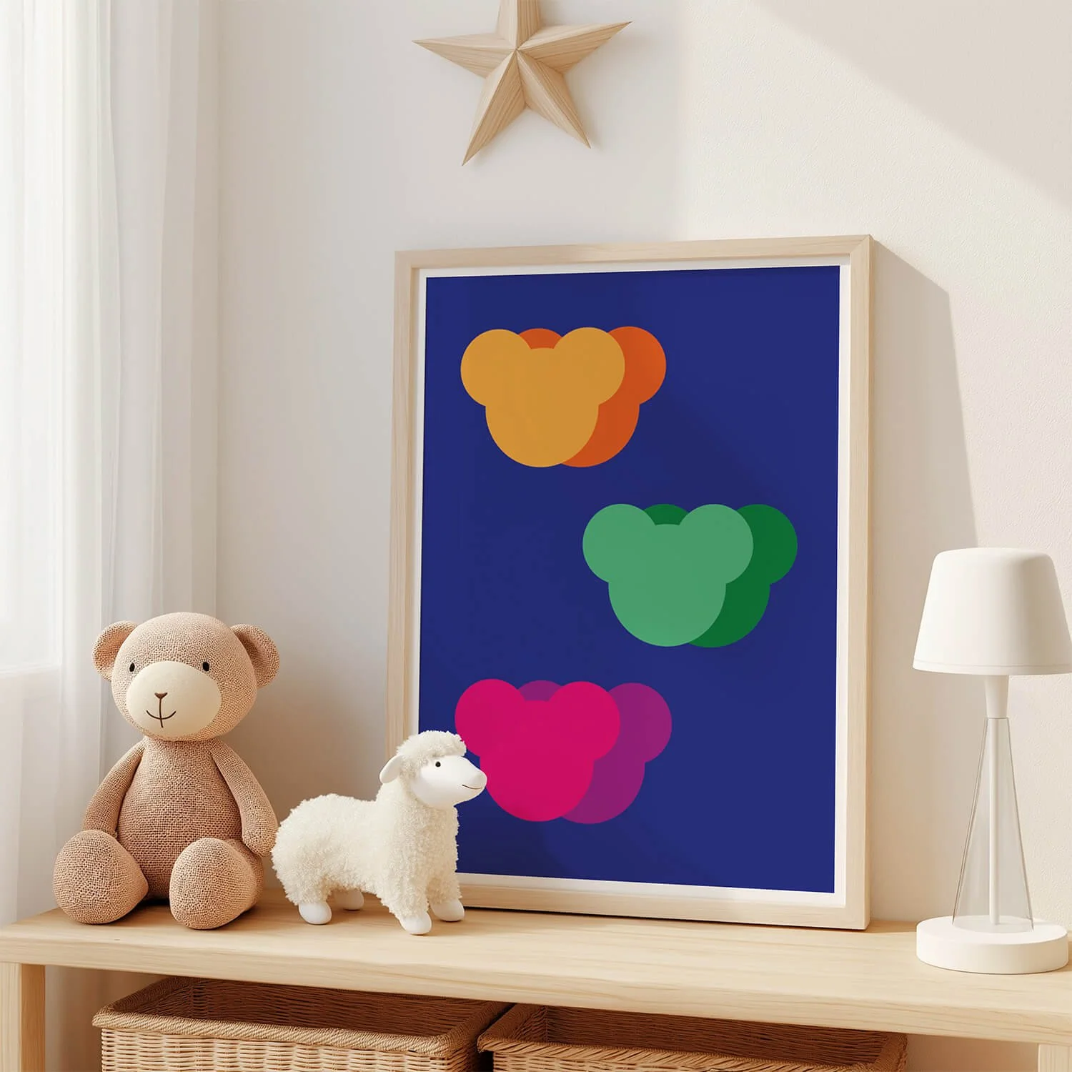 Minimalist teddy bear print for children featuring abstract bear heads in soft blue hues, framed and styled in a cactus-themed kids’ bedroom – playful nursery wall art