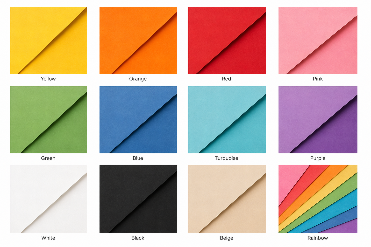 A color chart displaying various colored paper samples labeled as Yellow, Orange, Red, Pink, Green, Blue, Turquoise, Purple, White, Black, Beige, and Rainbow, with a diagonal cut on each sample.