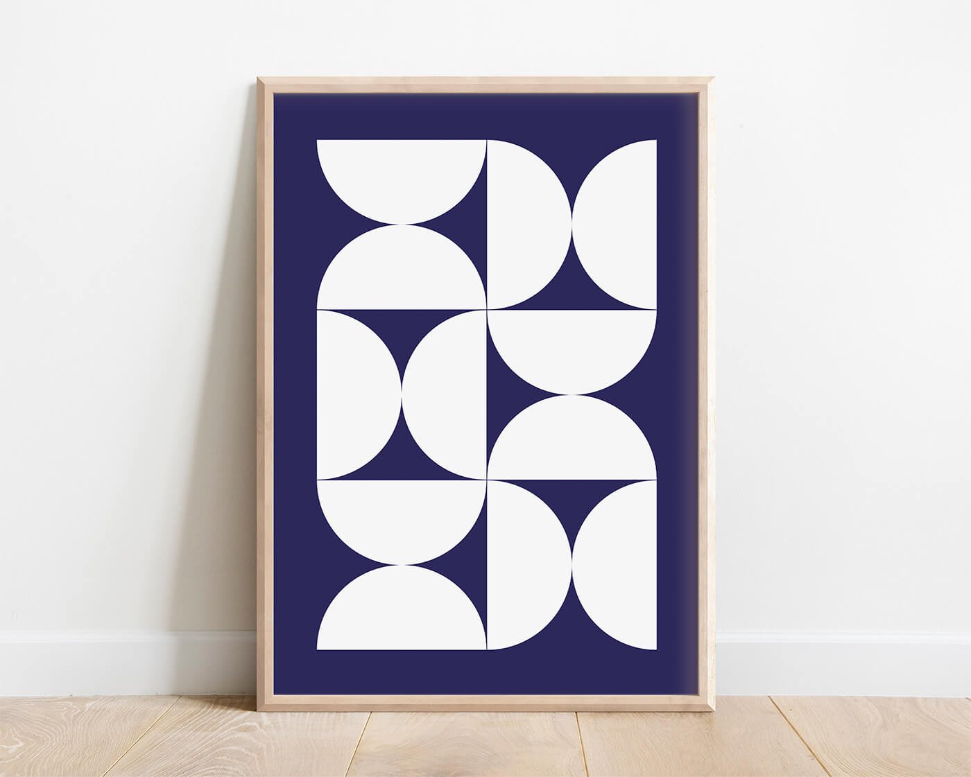 Framed abstract Bauhaus-inspired art print in blue tones