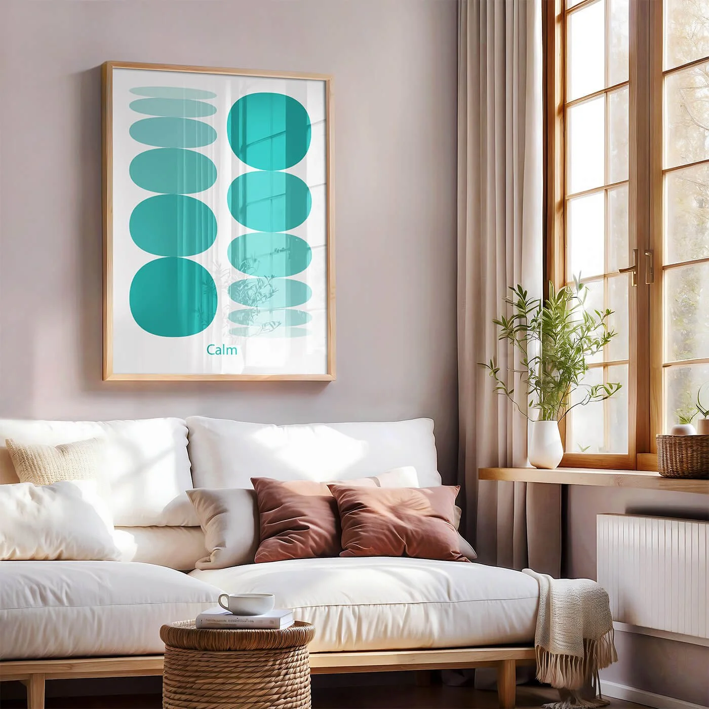 Framed green modern spherical art print hanging above a sofa in a neutral living room