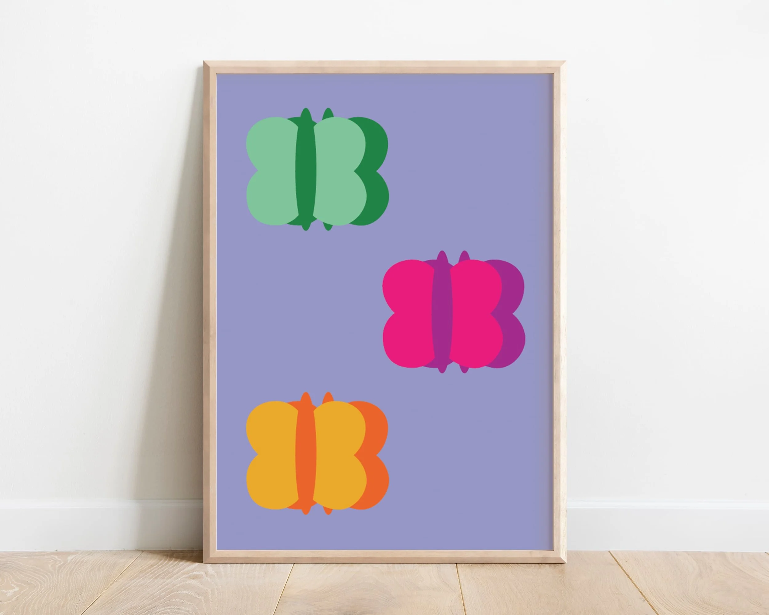 Colourful butterfly nursery wall art print in vibrant purple, green, yellow, and pink tones – playful kids room décor, perfect colourful prints for UK homes