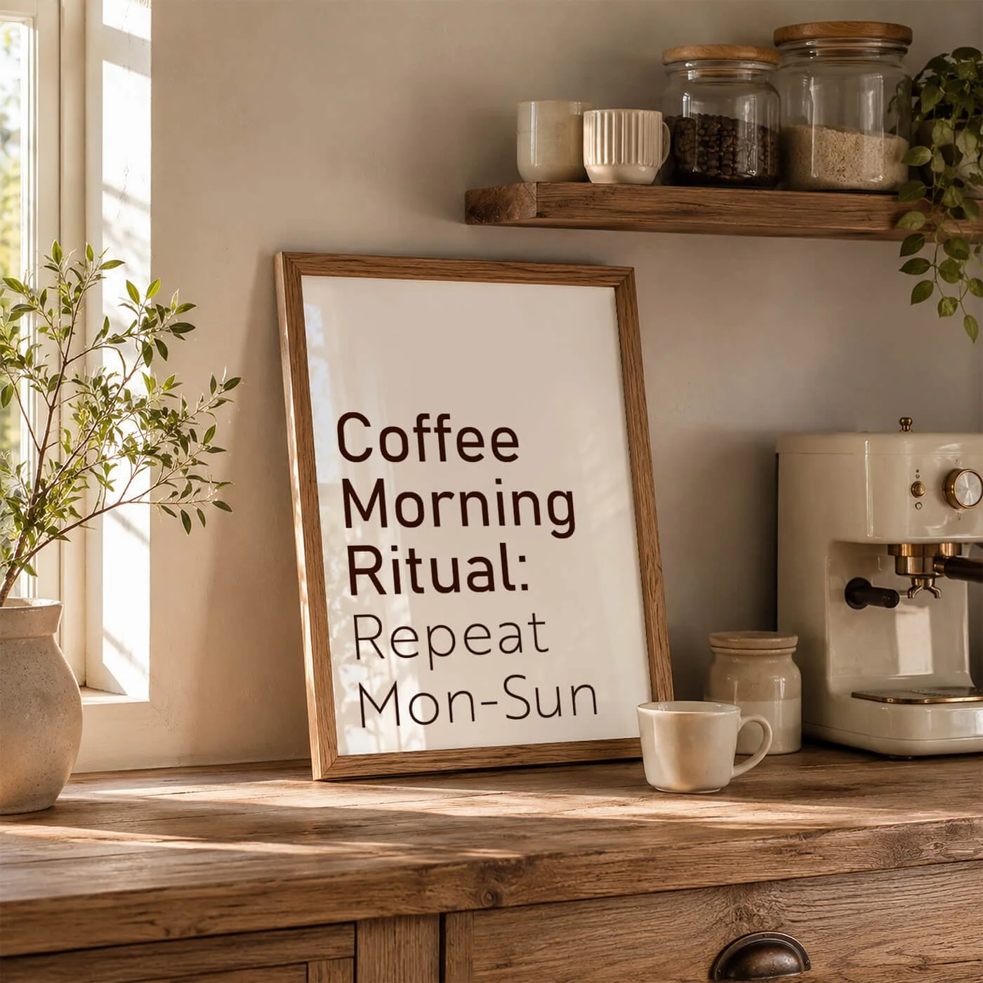 Framed coffee typography print dispplayed on a wooden kitchen worktop next to a small coffee machine