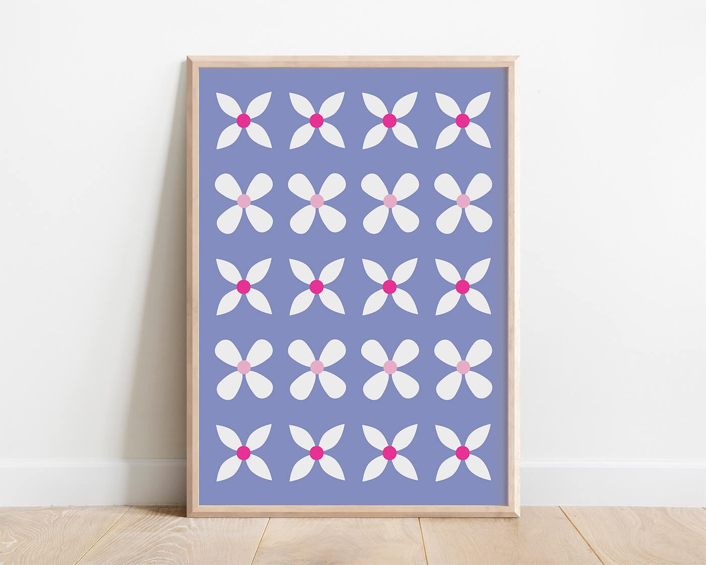 framed picture of contemporary botanical flower print featuring lilac and white hues