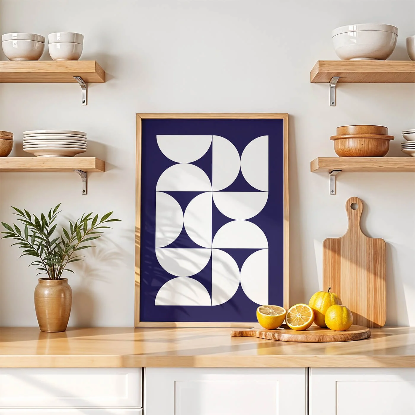 Framed minimalist bauhaus wall print with green and coral geometric shapes on soft white background