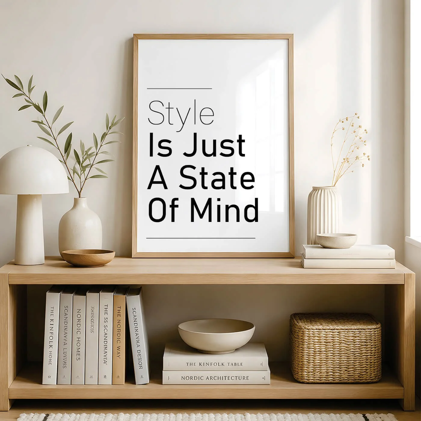 Black and white typography wall art print featuring the quote "Style Is Just A State Of Mind" styled on a wooden console table