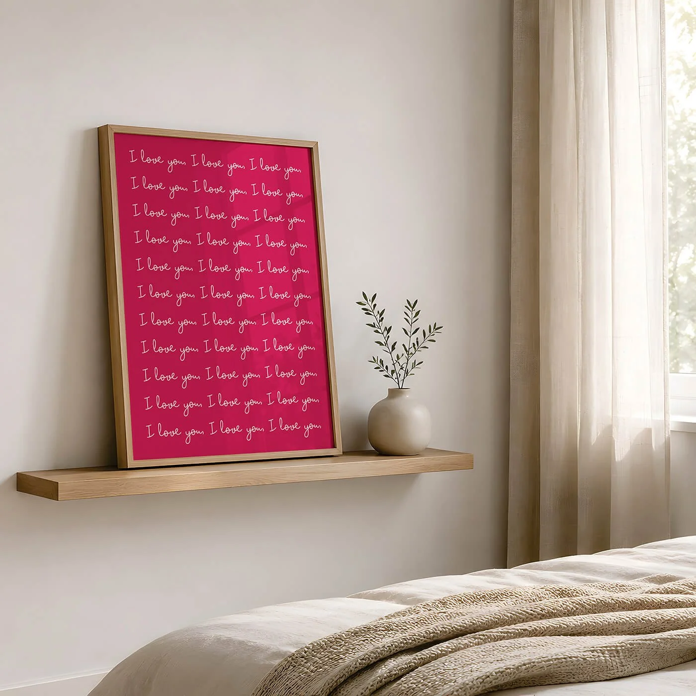 Red and White I Love You Print displayed in a wooden frame on a modern sideboard alongside a contemporary lamp and green plant