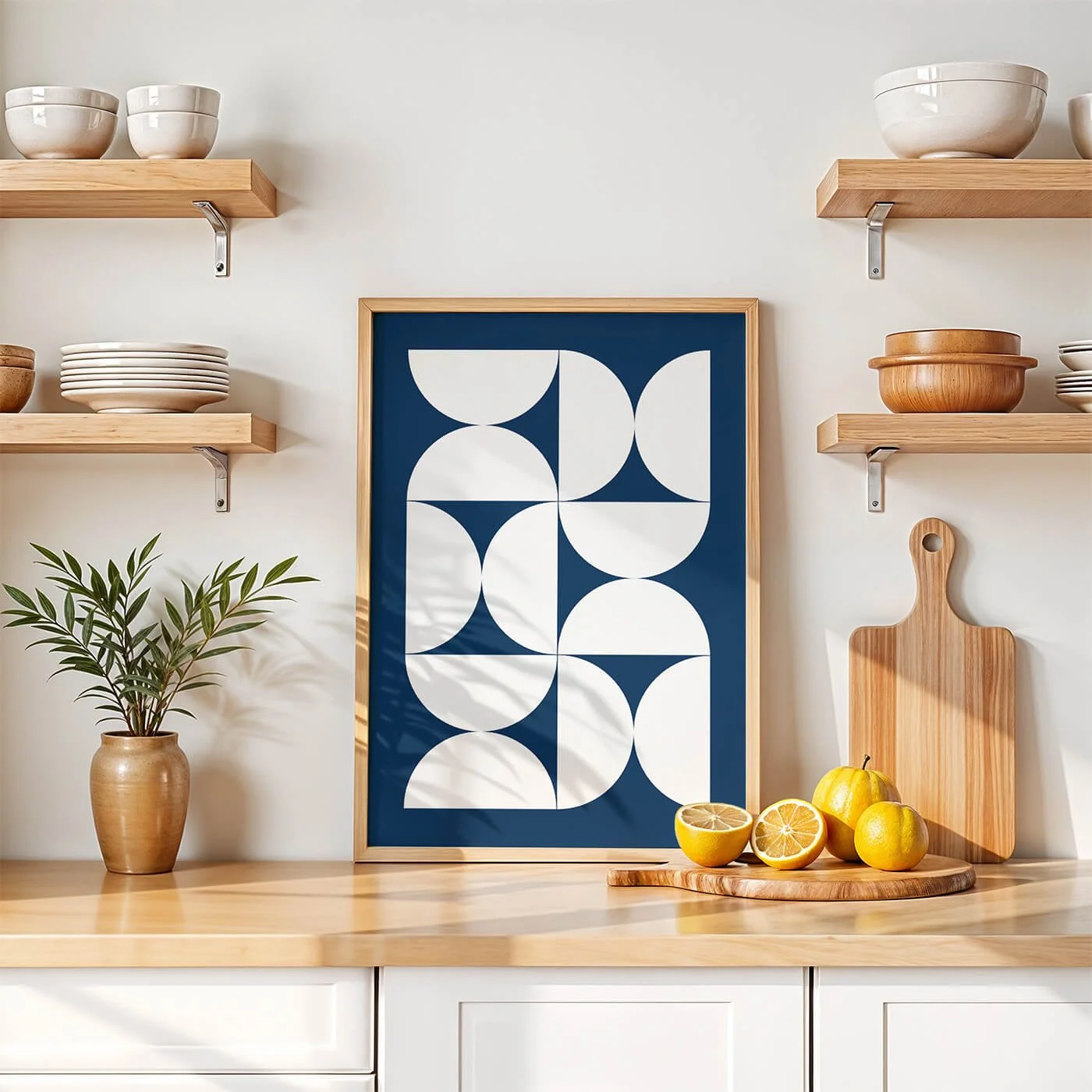 Framed minimalist bauhaus wall print with green and coral geometric shapes on soft white background