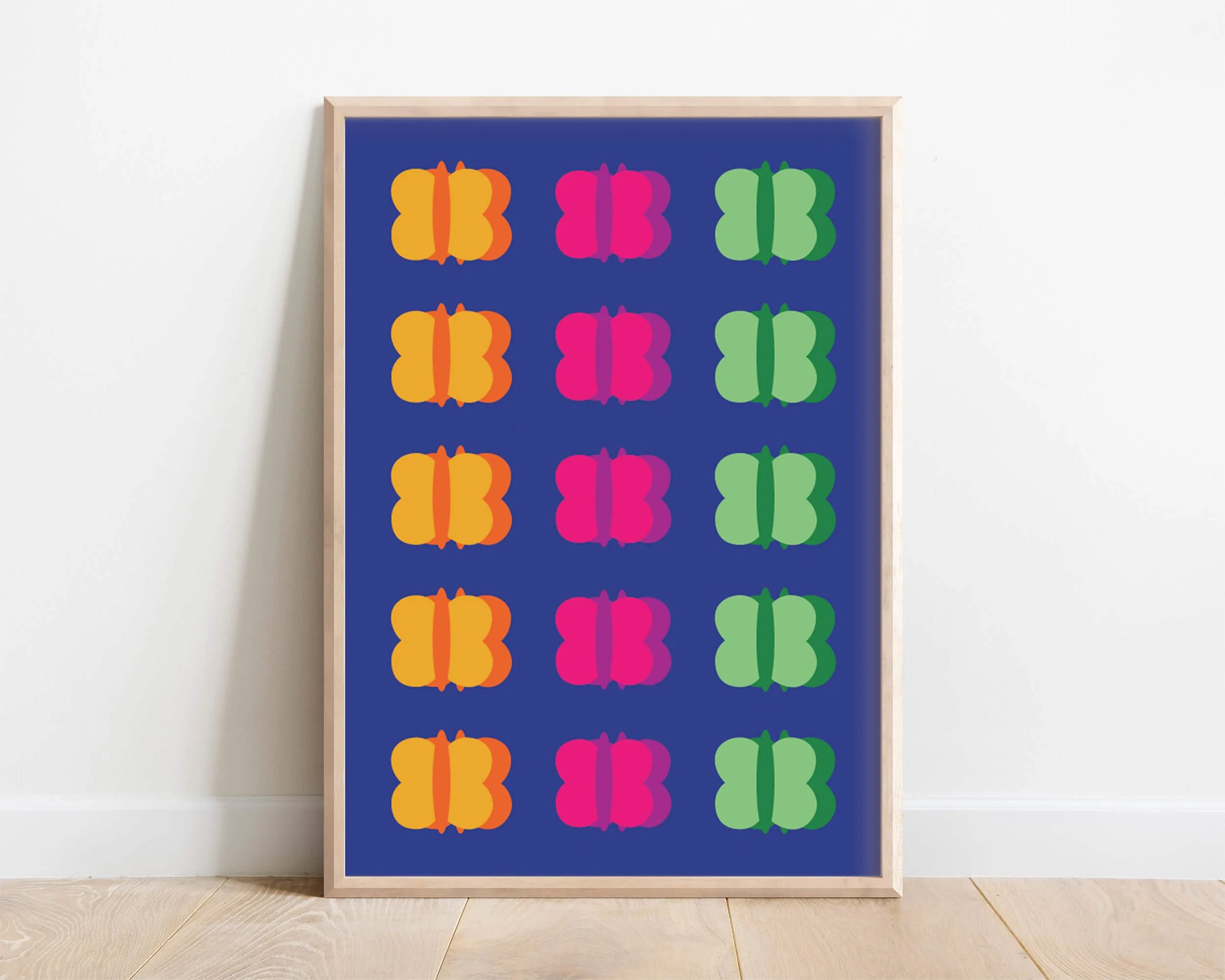 Framed butterfly print featuring twelve mini colourful butterflies on a navy blue background, modern wall art for kids rooms or playful home interiors