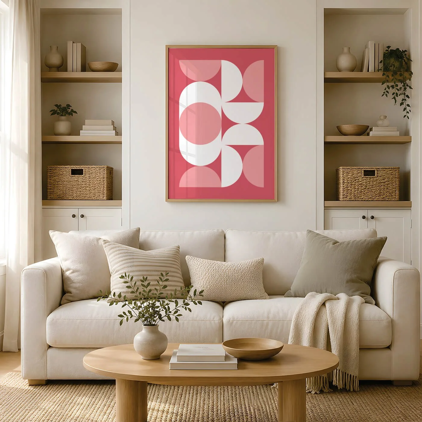 framed gemoetric print n coral tones displayed on wall above sofa in neutral coloured living room