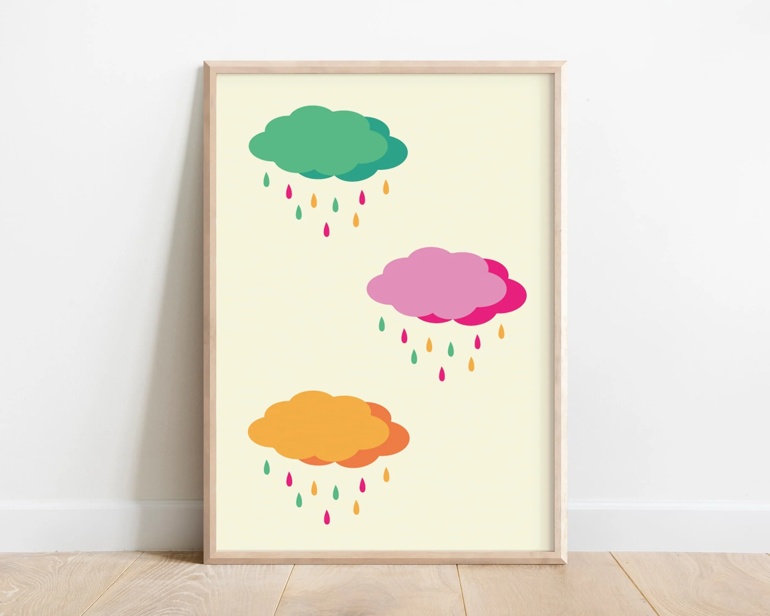 a gender neutral childrens picture of colourful rainbow rain and pink, green and yellow clouds
