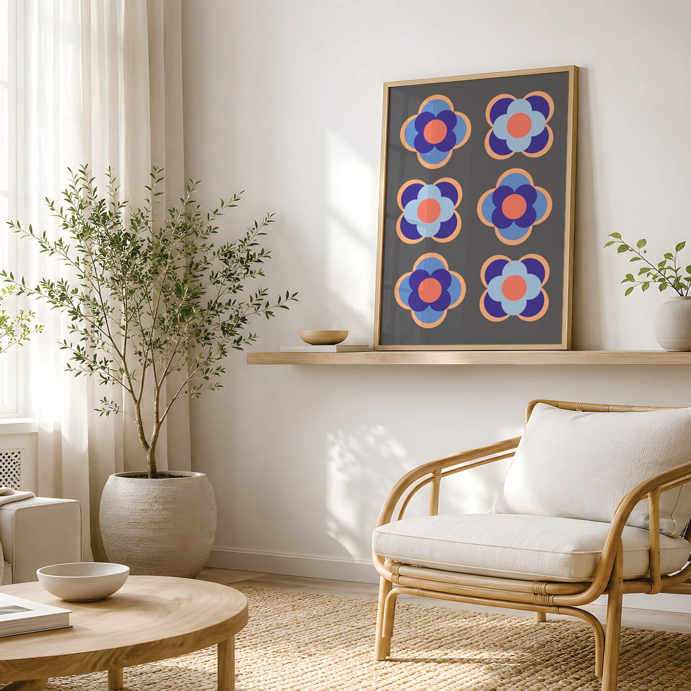 Contemporary blue mid-century modern flower print displayed on a shelf in a bright, professionally staged living room layout